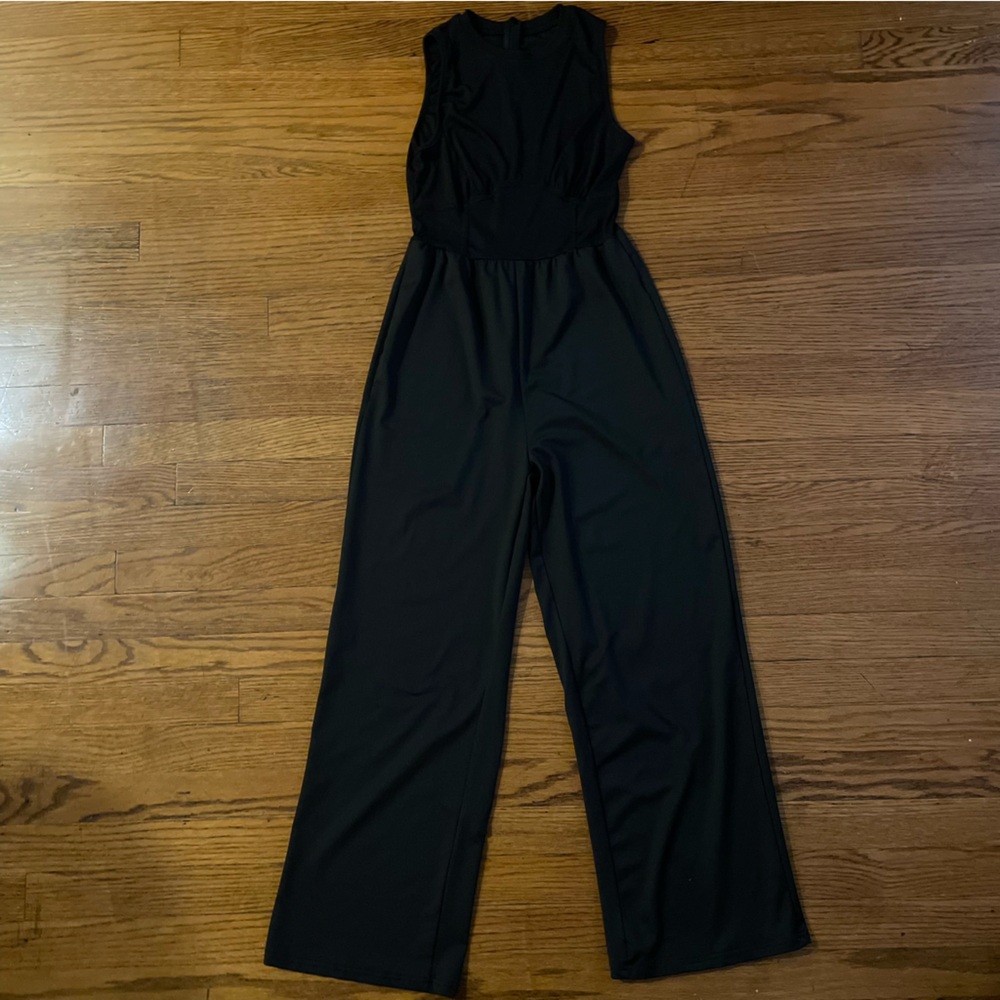 Corset Seam Ribbed Sleeveless Black Jumpsuit